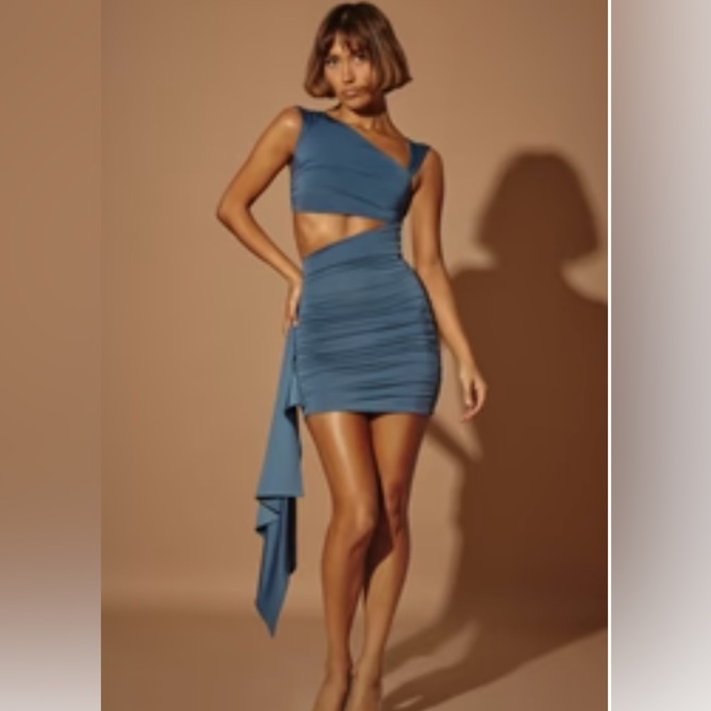 Oh Polly Asymmetric Ruched Dress in steel blue